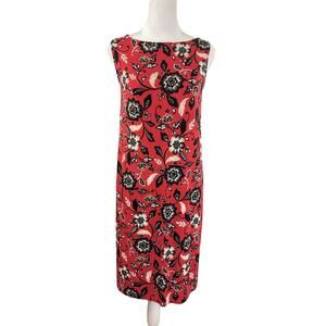J Jill XS Sleeveless Shift Dress Red Floral Print Rayon Jersey Knit Knee Length